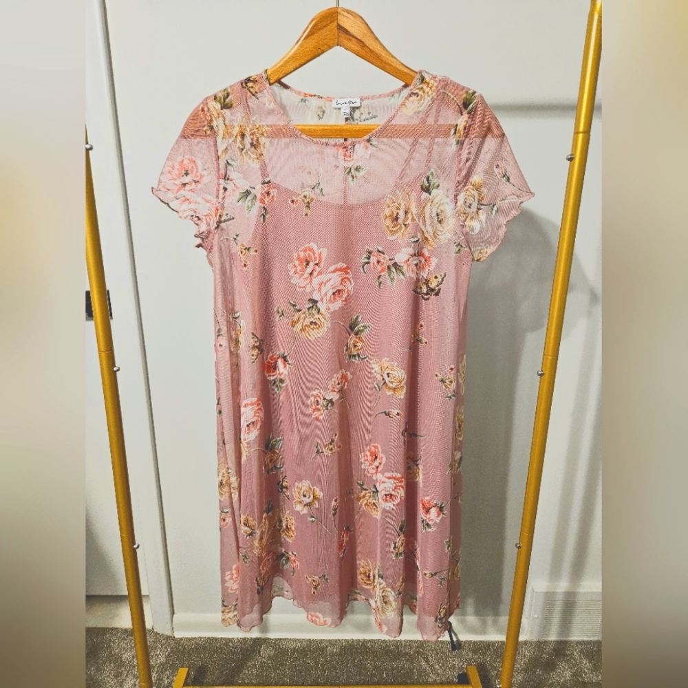 Love Fire Floral Mesh Dress, Size Large, Light Pink
